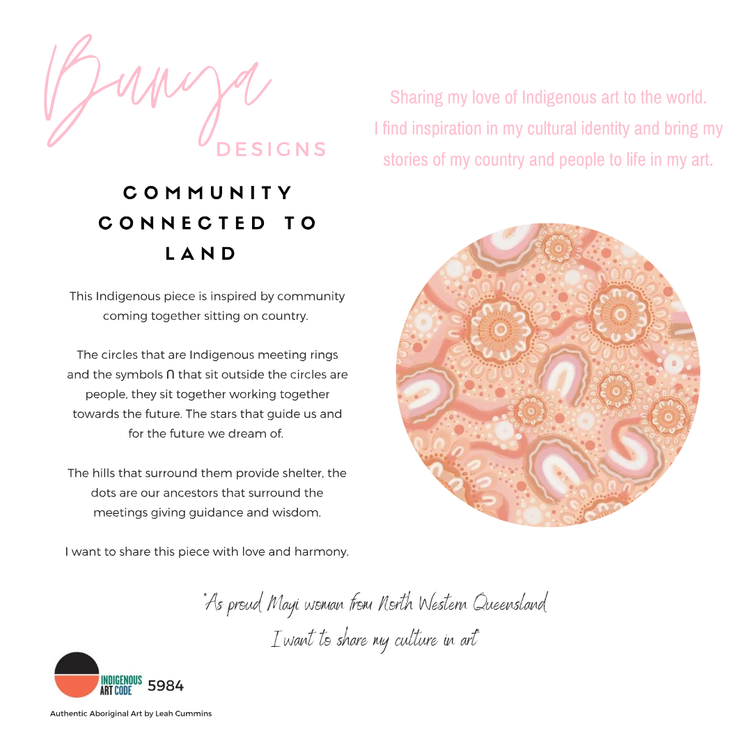 Pink aboriginal/ indigenous print inspired by community coming together, created by artist Leah Cummings.