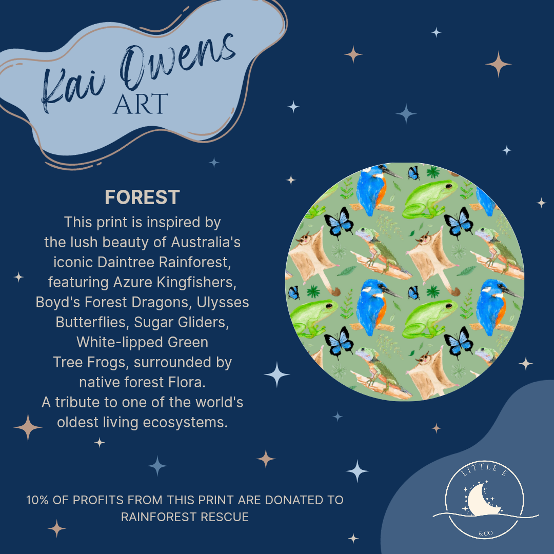 Rainforest print on a green background, created by artist Kai Owens. Charity donations to Rainforest Rescue.
