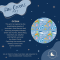 Ocean print on a light blue background, created by artist Kai Owens. Charity donations to Great Barrier Reef Foundation.