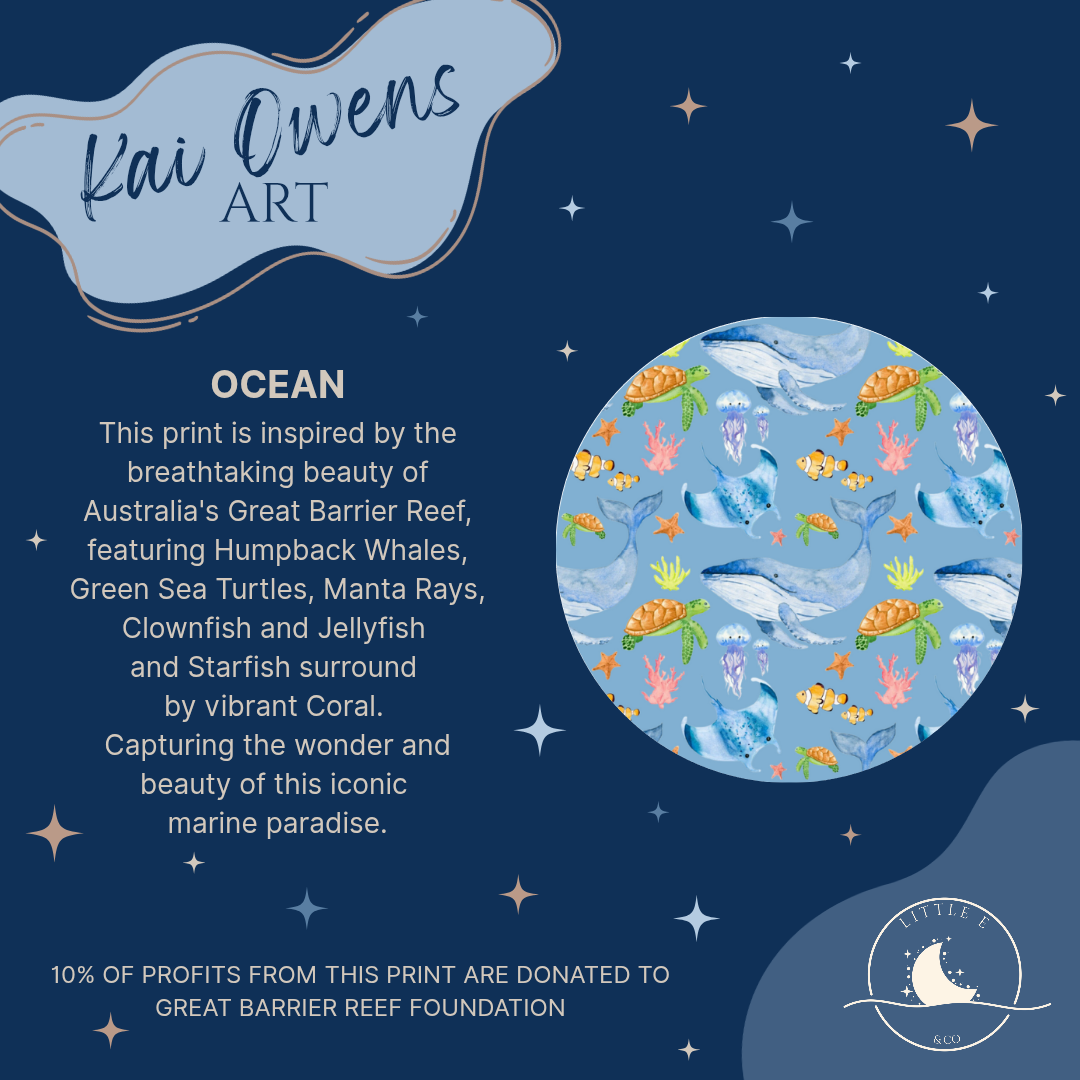 Ocean print on a light blue background, created by artist Kai Owens. Charity donations to Great Barrier Reef Foundation.
